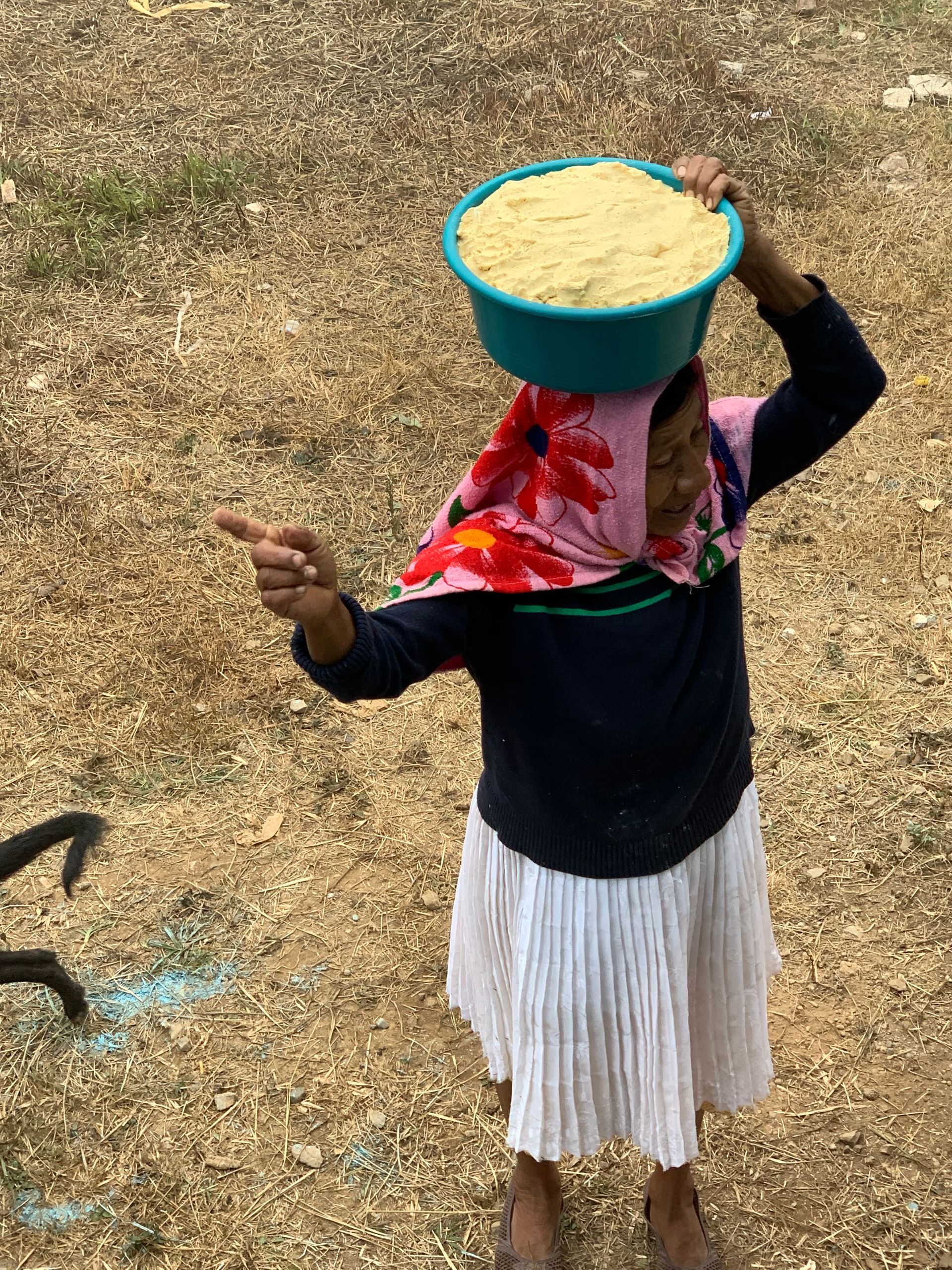 A woman is carrying a bowl of food on her head.