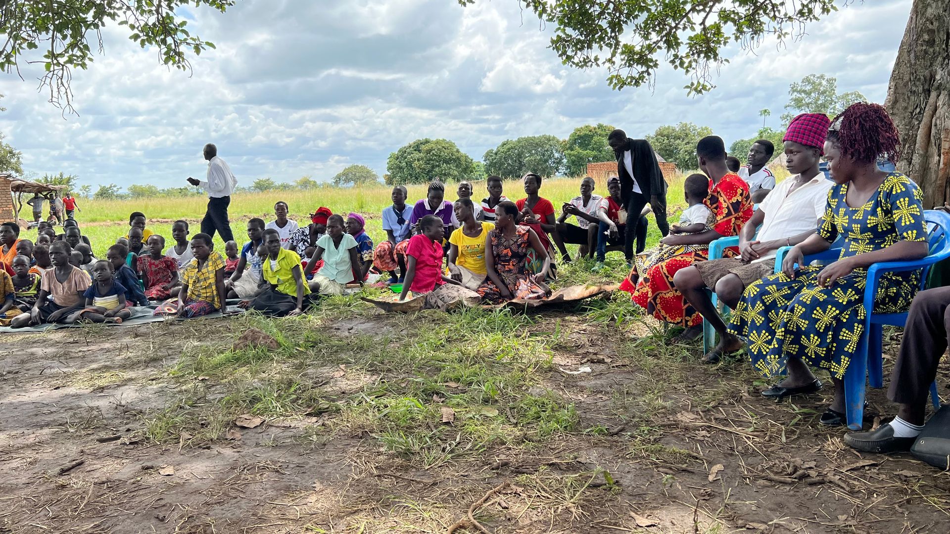 A group of people are sitting under a tree in a field.