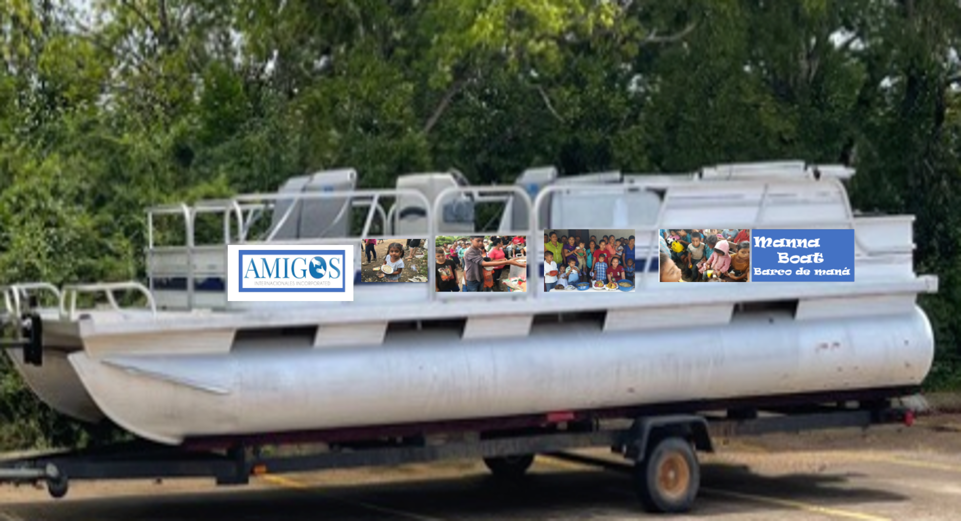 A pontoon boat is parked on a trailer in a parking lot.