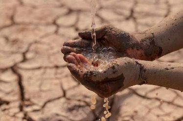 A person is holding water in their muddy hands.