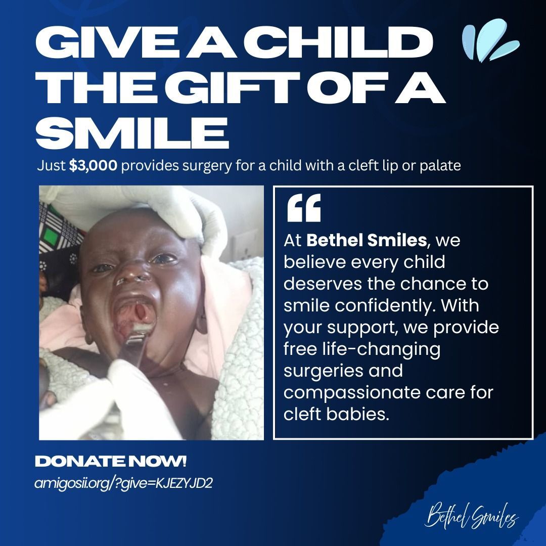 Advertisement: Donate to Bethel Smiles. A child with a cleft lip; Text: 