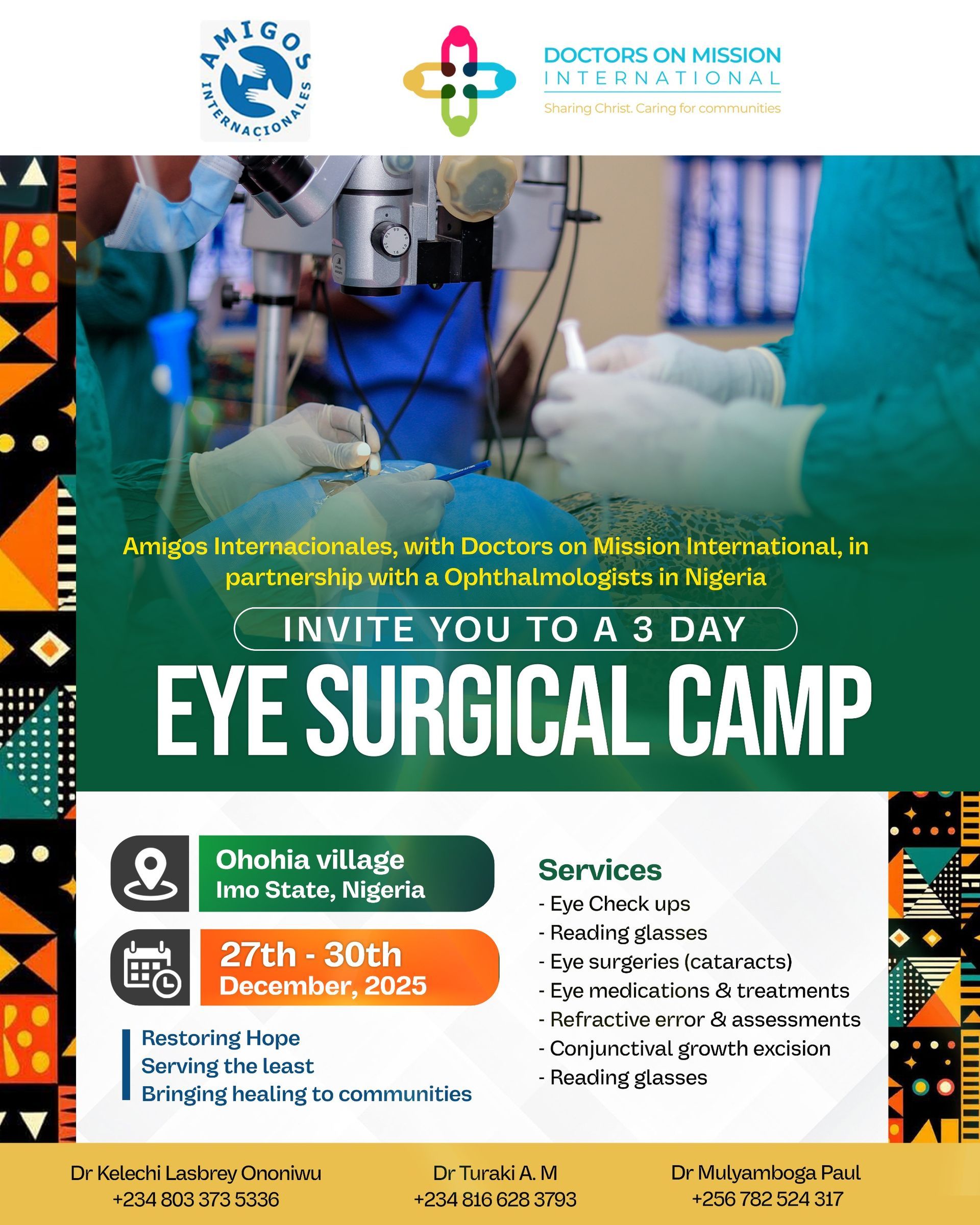 Eye surgical camp poster: surgeons performing procedures, dates December 27-30, 2005, in Ghana.