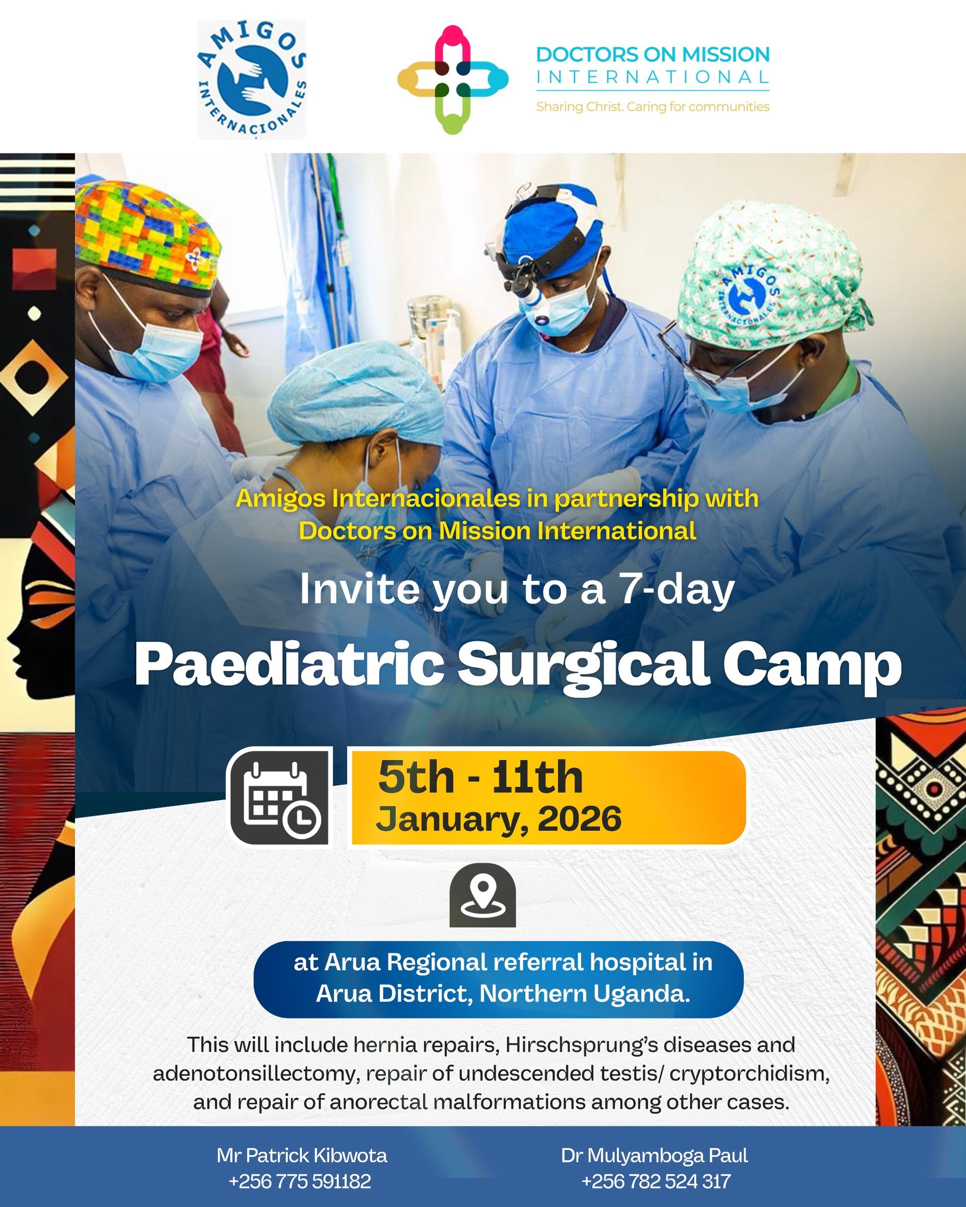Poster: Paediatric Surgical Camp in Uganda, January 2020. Surgical team in blue scrubs, dates and location listed.
