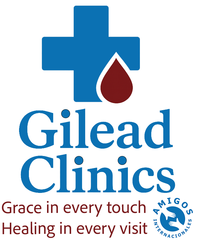 Logo for Gilead Clinics: Blue cross, red drop, and text 