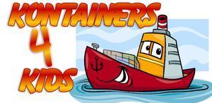 Cartoon ship with containers and the text