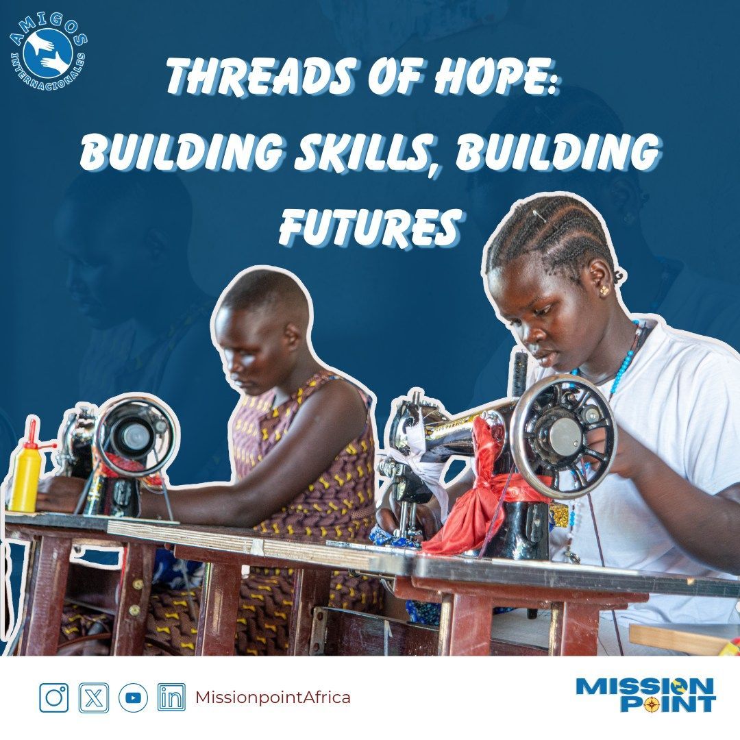 Threads of hope building skills building futures poster with two women sewing