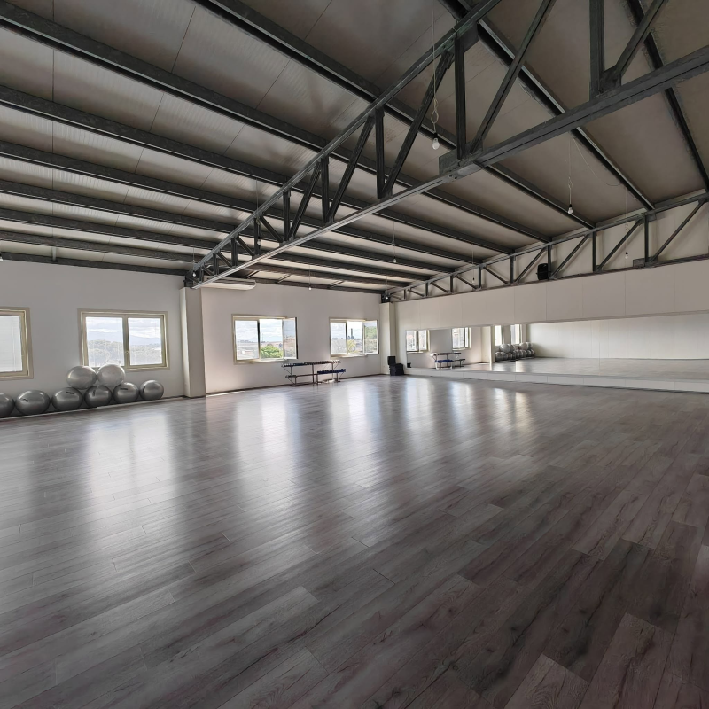 Palestra vuota in stile industriale con pavimenti in legno, travi in acciaio a vista e ampie finestre.