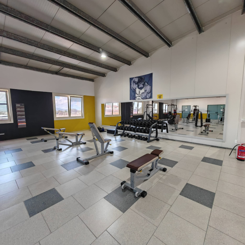 Palestra vuota con panche per pesi, specchi e macchine per esercizi su un pavimento piastrellato.
