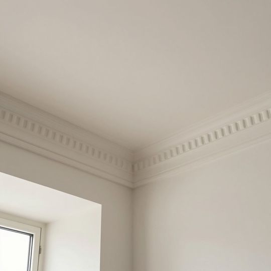 White room corner with decorative crown molding and a window opening on the left.