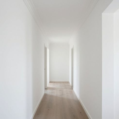 Minimal white hallway with light wood floors and open doorways at the end