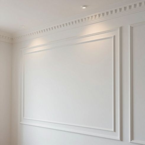 White paneled interior wall with decorative molding and soft ceiling lights
