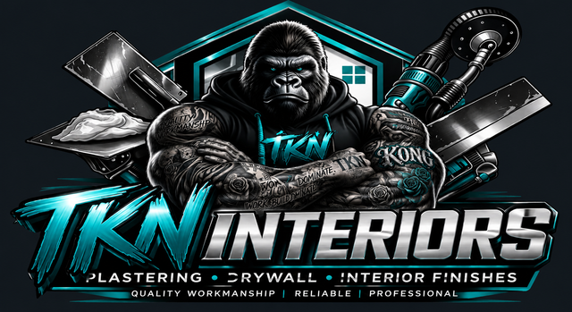 TKN Interiors logo with gorilla mascot, teal and black text, and flooring tools in the background