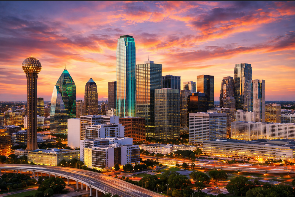 Dallas, Texas skyline at sunset with colorful sky. Buildings illuminated, highway in the foreground.