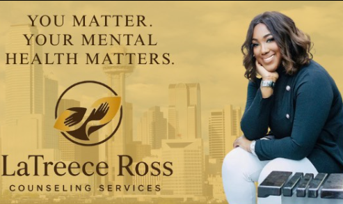 Woman smiling next to a cityscape, promoting mental health services. Text: You Matter. Your Mental Health Matters.