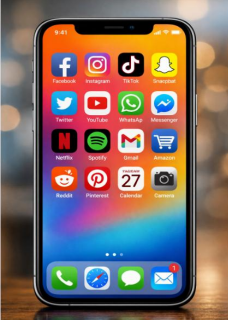 Smartphone displaying social media apps, including Facebook, Instagram, and TikTok, with a colorful background.