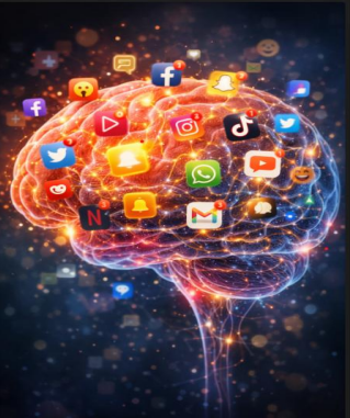 Brain with social media app icons overlaid, sparking with light.