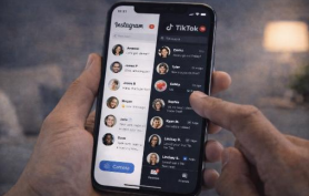 A person holds a phone displaying Instagram on the left and TikTok on the right. Finger taps TikTok interface.