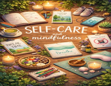 Wooden table with self-care items: journal, candles, tea, art supplies, shoes, and a