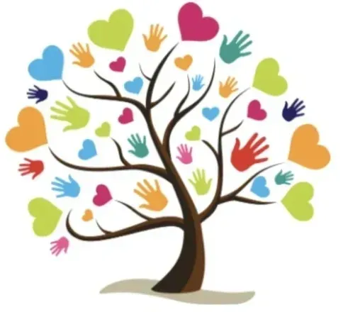 Tree with colorful hearts and handprints for leaves.
