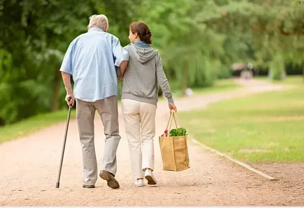 Person assists an elderly person walking with a cane outdoors; person carries grocery bag.
