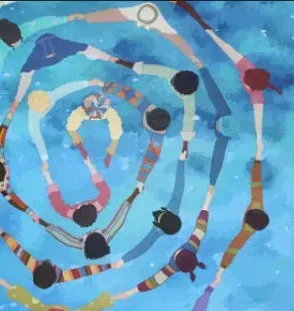 People holding hands in a spiral formation against a blue background with white specks.