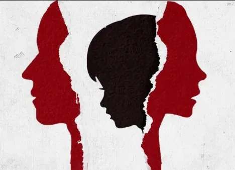 Silhouette of child between two torn profiles; red and black.