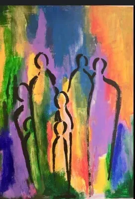 Abstract painting of family silhouettes against a colorful background of blue, green, yellow, and purple brushstrokes.