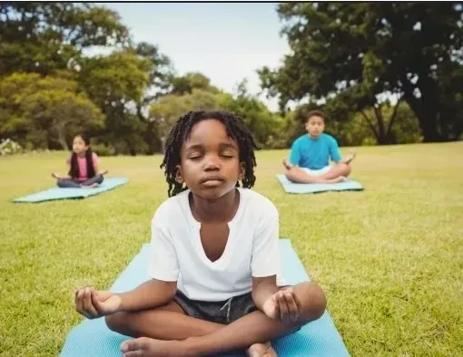 Children meditating on yoga mats in a grassy park setting, eyes closed, hands resting.