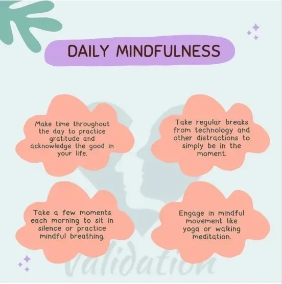 Daily mindfulness tips: gratitude, breaks from technology, silence/breathing, and mindful movement.