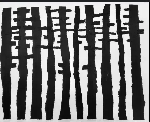 Black and white abstract artwork of vertical tree trunks with horizontal bars, resembling a forest.