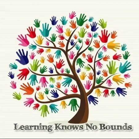 Tree with a brown trunk and branches; the leaves are colorful handprints; text reads,