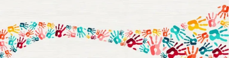 Colorful handprints in an arch shape on a white background.