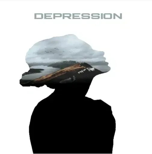 Silhouette of a person filled with a landscape of mountains, water, and sky, with the word