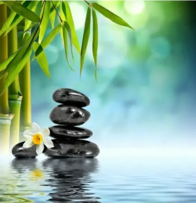 Black stones stacked, bamboo, white flower, serene water, blue-green background.