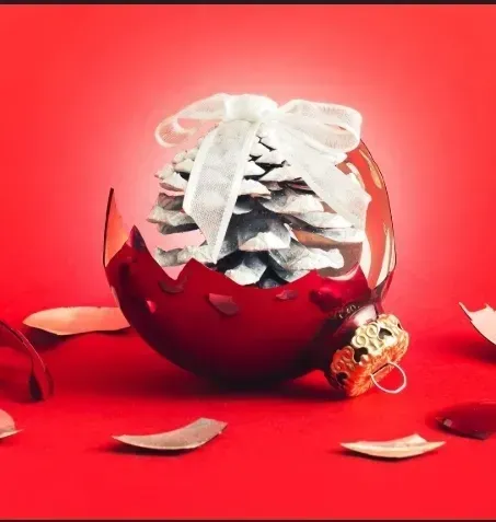 Broken red Christmas ornament with a silver-painted pinecone inside, tied with a white bow, on a red surface.
