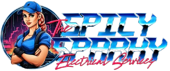 Stylized neon logo with a blue-capped woman and the text “SPICY DADDY Electrical Services”