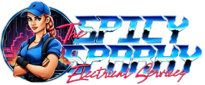 Stylized neon logo with a blue-capped woman and the text “SPICY DADDY Electrical Services”