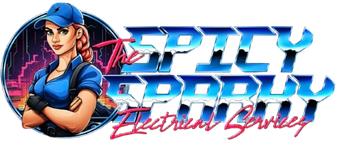 Stylized neon logo with a blue-capped woman and the text “SPICY DADDY Electrical Services”