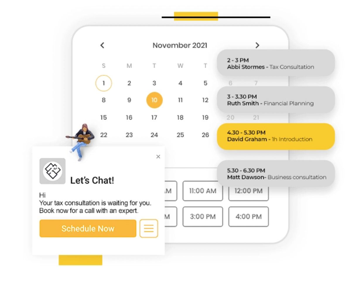 A calendar interface showing November 2021 with highlighted appointments and a chat window prompting scheduling.