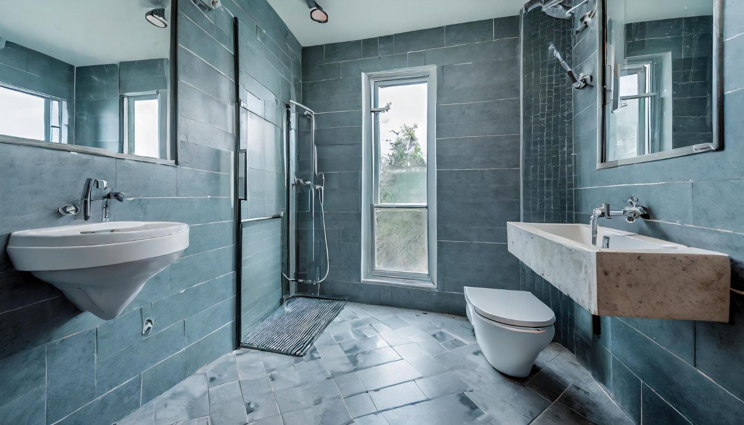 Modern bathroom with dark blue tiled walls, two white sinks, a white toilet, and a tall central window.