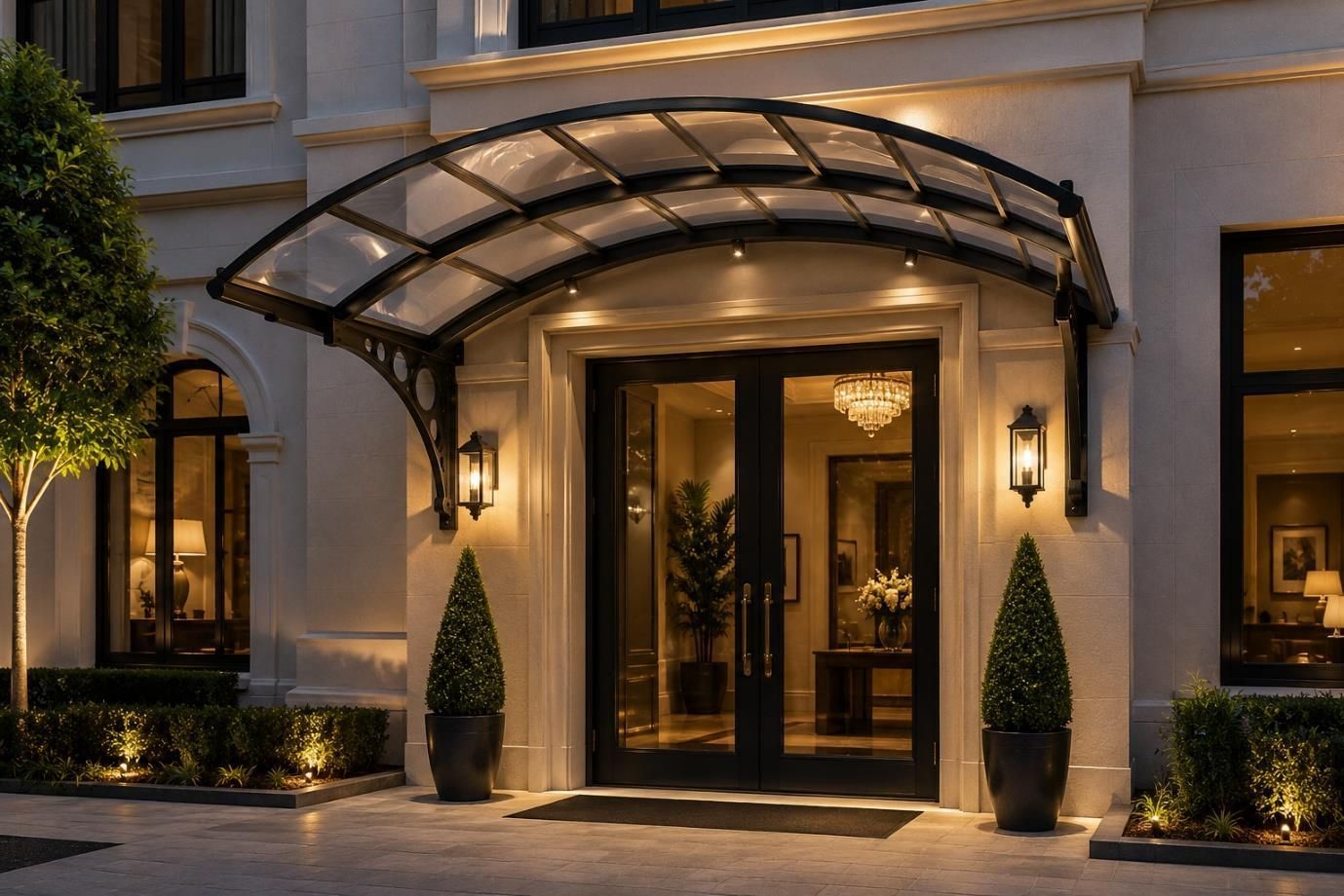 Lit hotel entrance with glass canopy, warm lights, and potted topiary at dusk