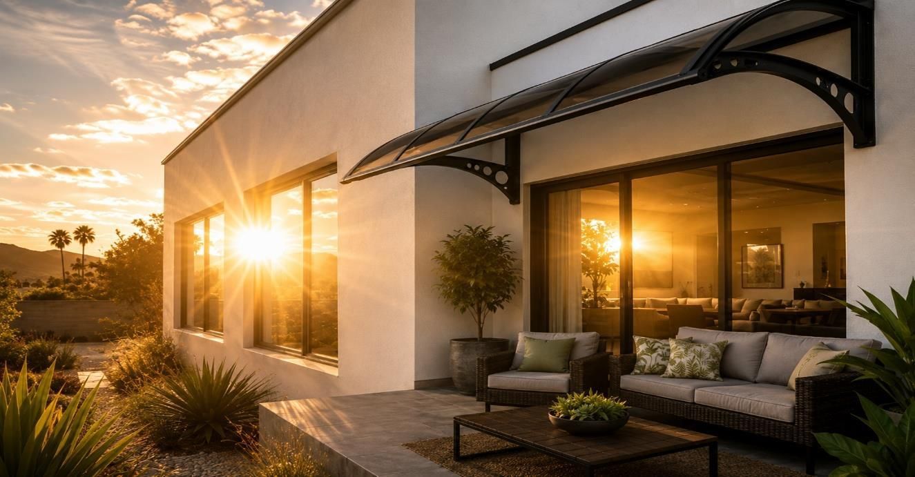 Modern house patio at sunset with outdoor seating and warm golden light