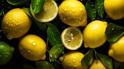 A bunch of lemons with green leaves on a black background.