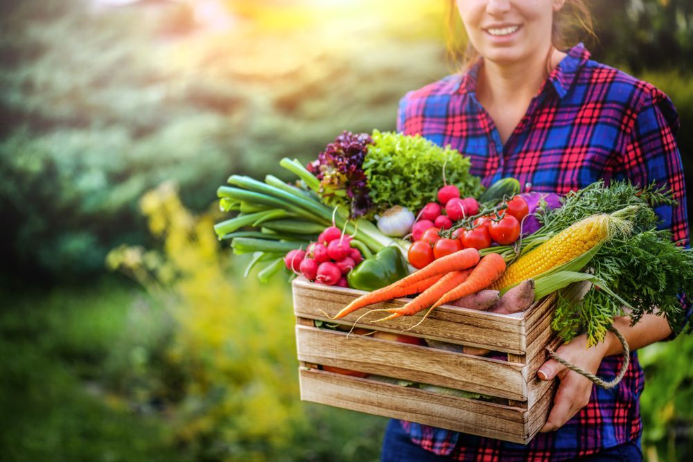 A woman is holding a wooden crate filled with fresh vegetables.