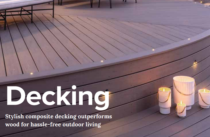 Composite decking with built-in lights and candles. Text: