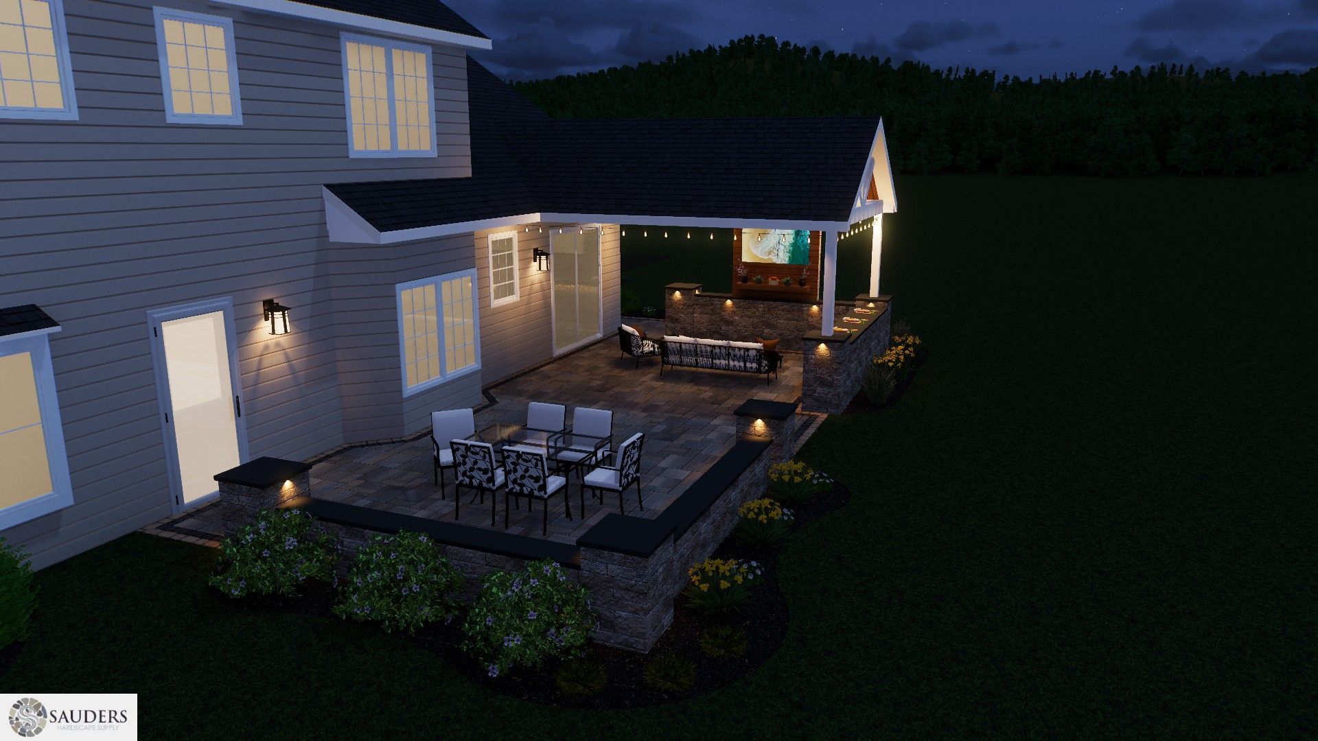 Backyard patio at night, lights illuminating a seating area with a table and chairs, adjacent to a house.