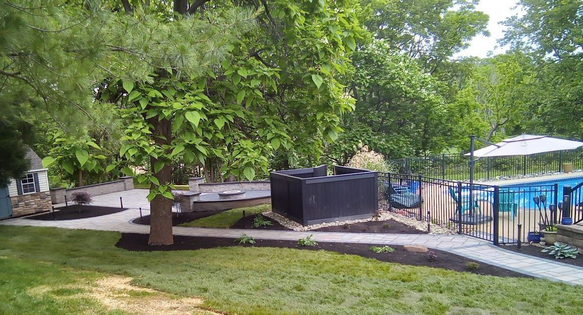 Lush backyard with a pool. Trees surround a dark structure and paved walkways. Sunny day, green grass and foliage.