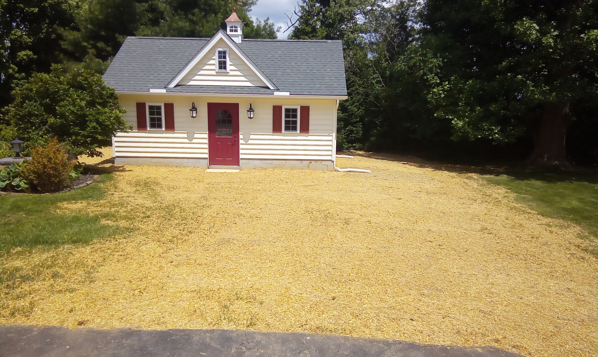 Small white house with red door and shutters on a yellow gravel yard, surrounded by trees and grass.