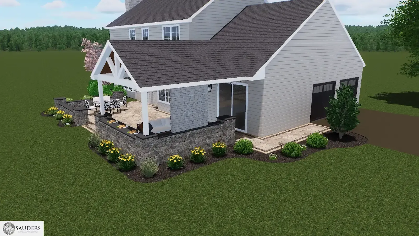 Two-story house with a patio, garage, and landscaping. The house is gray with a dark roof.
