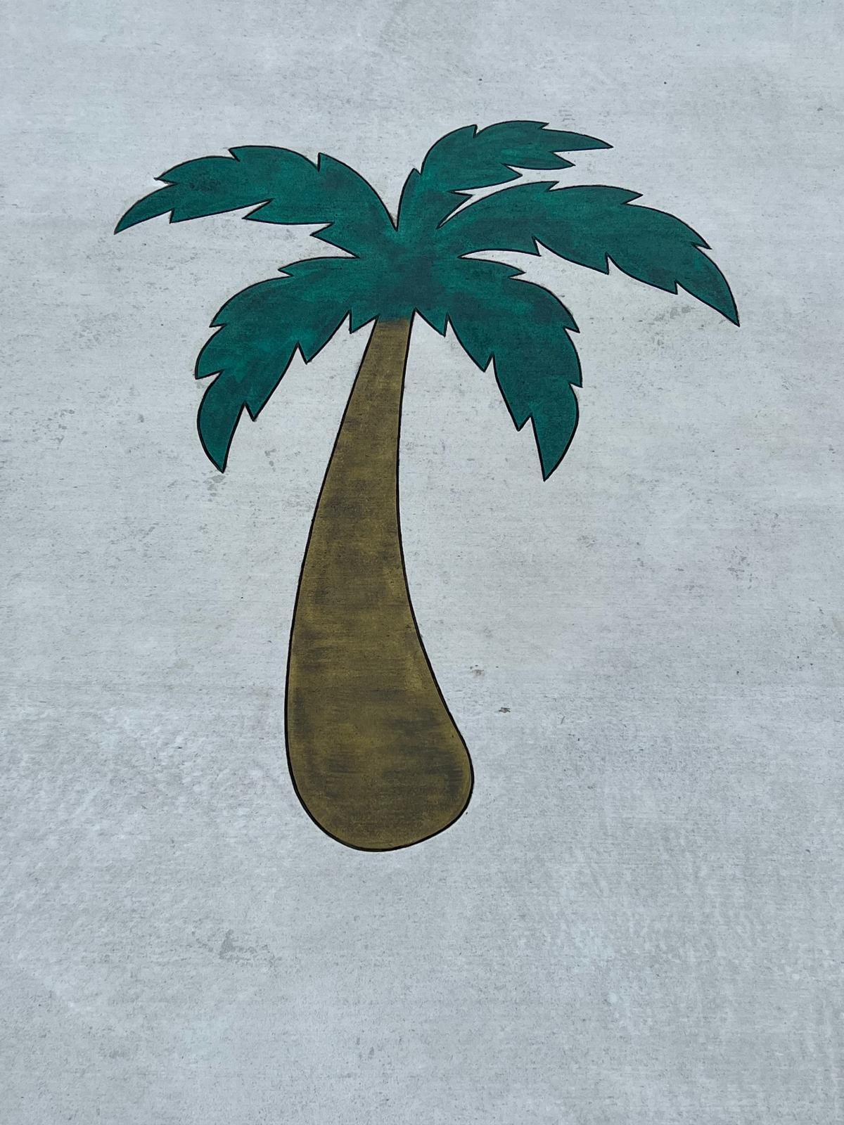 Stylized palm tree with green fronds and a brown trunk on a light background